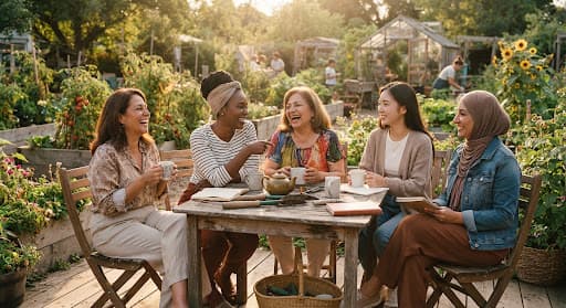 Mujeres reunidas en un jardín comunitario