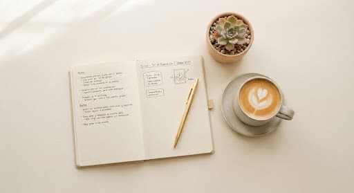 Cuaderno, café y materiales de escritura sobre una mesa clara